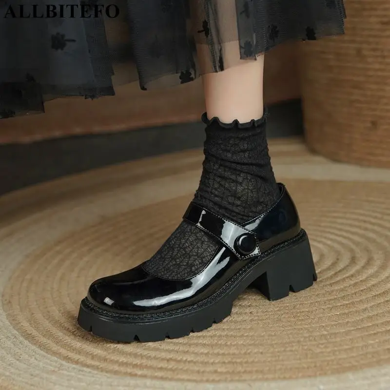 

ALLBITEFO Round Toe Thick Bottom Fashion Comfortable Genuine Leather Women Heels Shoes Street Walking Non-Slip High Heel Shoes