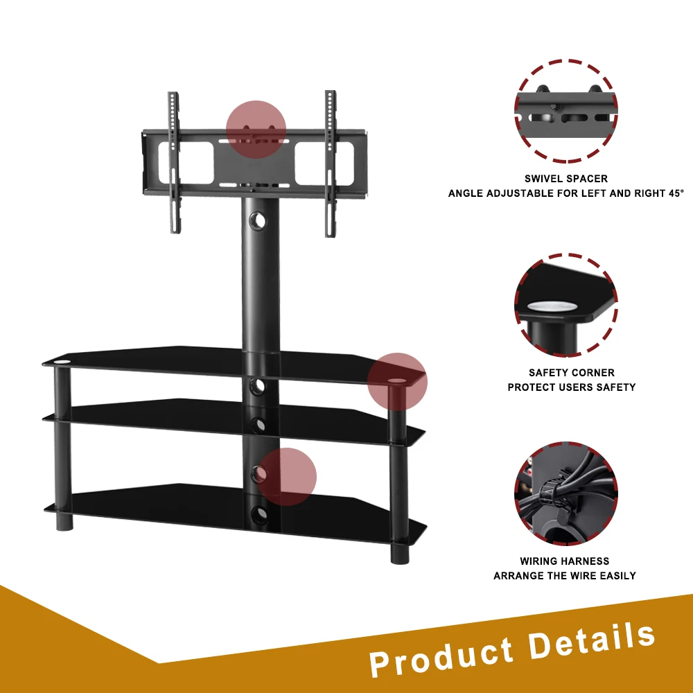 

TV Stand Black Multi-Function Angle Height Living Room Adjustable Tempered Glass Lcd Tv Bracket Plasma Three Layer Glass Shelf