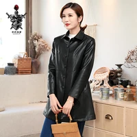 spring and autumn new leather womens pu leather mid length lapel thin korean version of casual slim fit trench coat