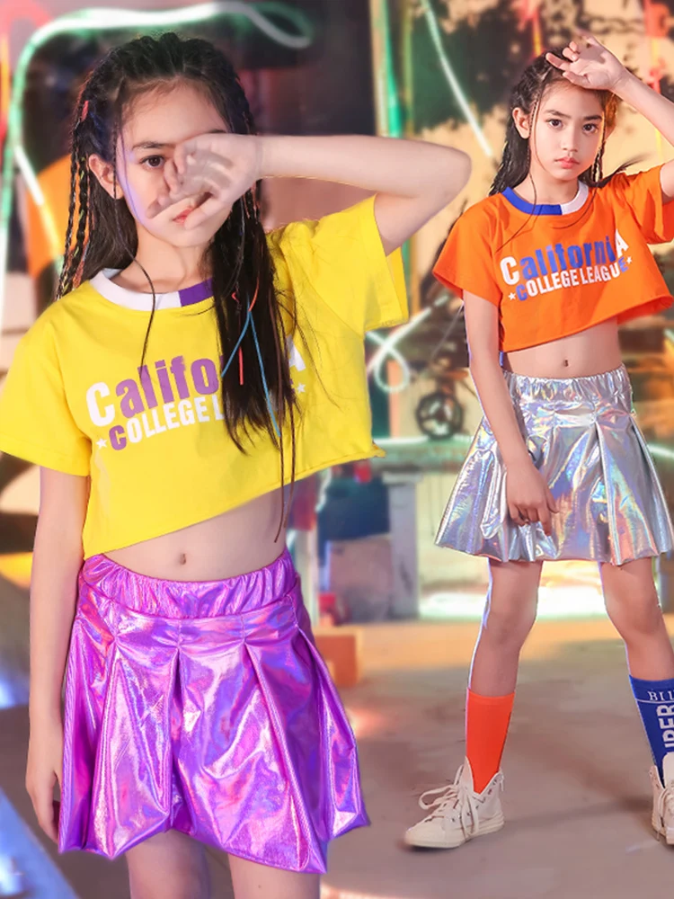 

Костюм для танцев в стиле хип-хоп Уличный костюм для девочек костюм для джазовых танцев Детская желтая короткая юбка с короткими рукавами к...