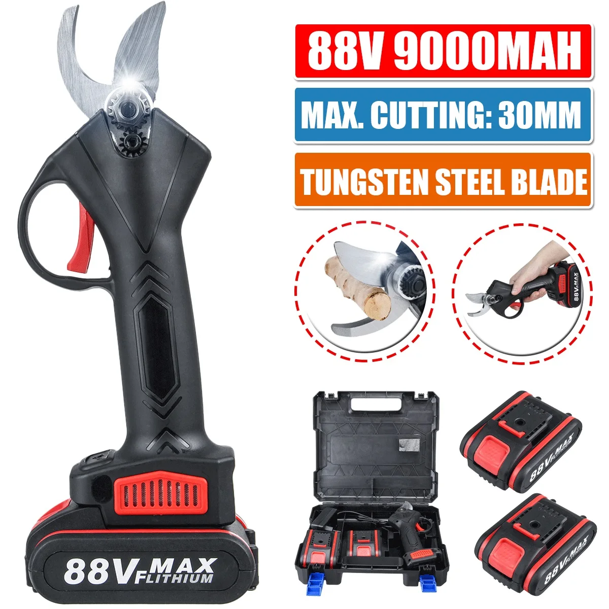 

88V 30mm Cordless Pruner Battery Pruning Shear Efficient Fruit Tree Bonsai Scissors Electric Tree Branches Cutter Landscaping