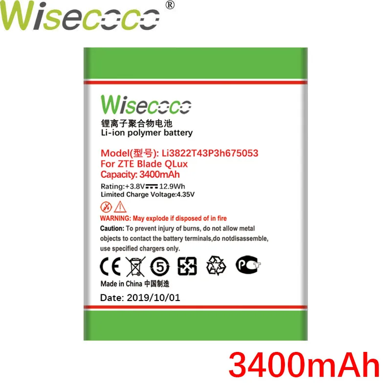 Wisecoco Li3822T43P3h675053 3400 мАч аккумулятор для zte Blade QLux Q Lux A430 Q Lux 3g 4g Высокое качество батареи