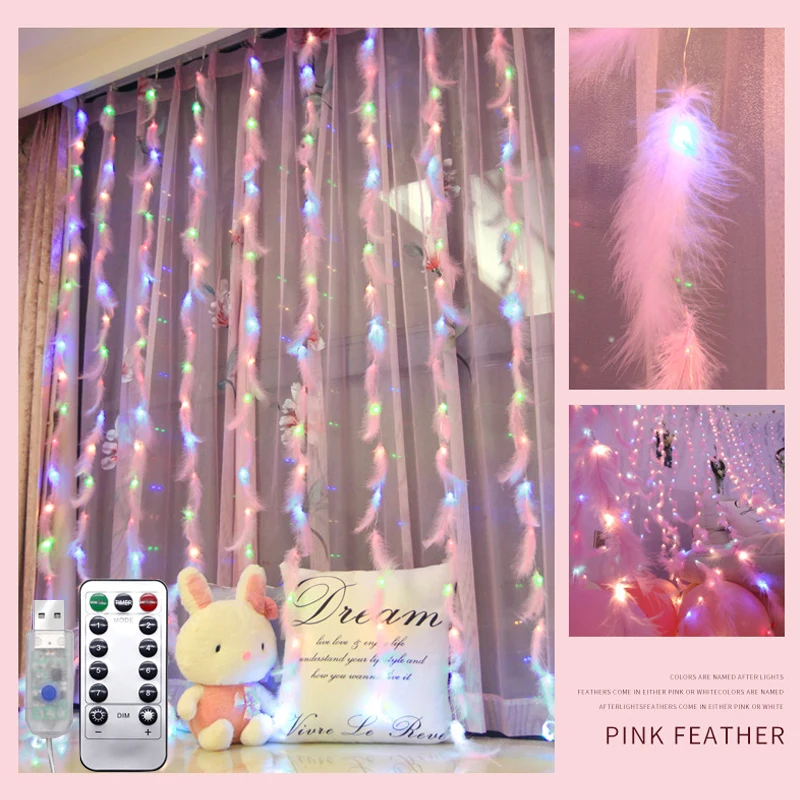 

LED Feather Copper Wire Curtain Light Room Atmosphere Lantern String Garden Party Wedding Decoration USB with Remote Control 3M
