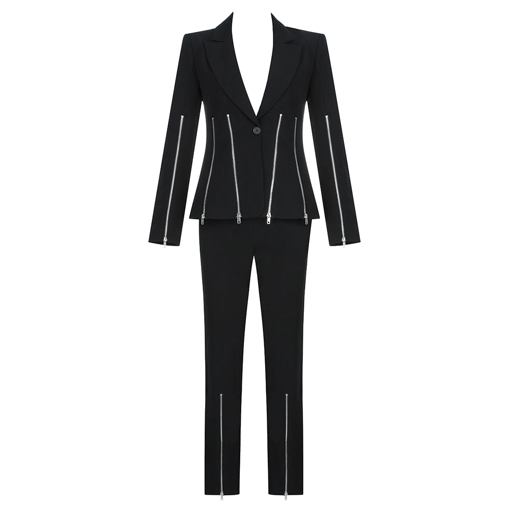 2021 Winter Female Black Jacket Top &amp Pants Two Piece Sets Zipper Split Long sleeve V-Neck Celebrity Night Party Woman Coat Suit |