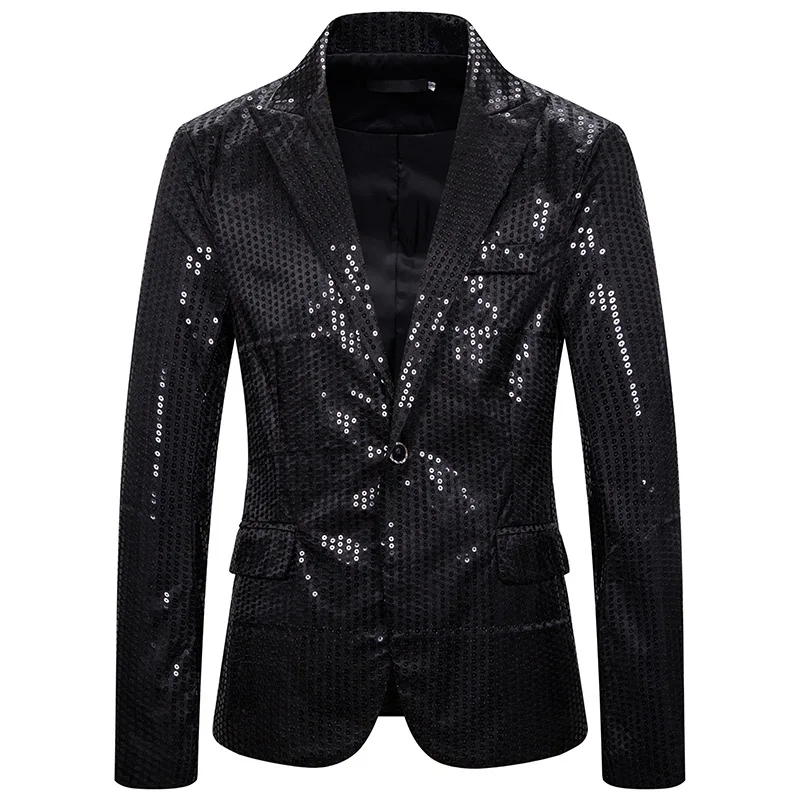 Мужской облегающий пиджак на одной пуговице хипстерский черный блестящий