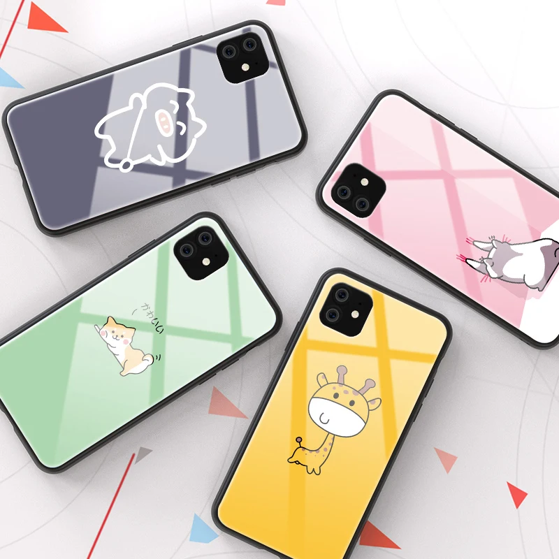 Чехол из закаленного стекла для телефона для iPhone 11 на iPhone 11 Pro Max милый чехол с мультяшным животным