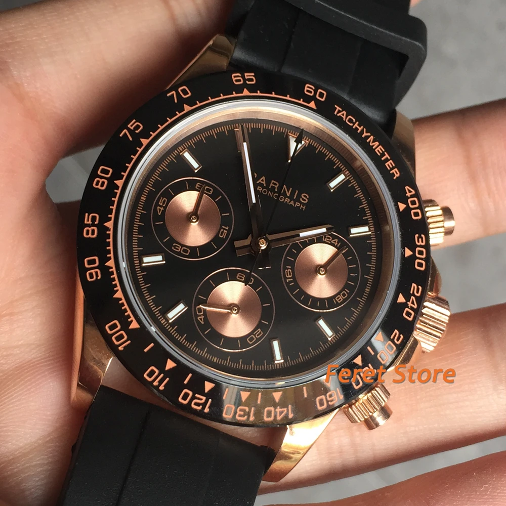 Парнис хронограф Функция светящиеся часы с черным циферблатом и каучуковый