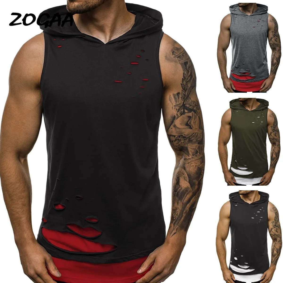 

Мужская футболка ZOGAA, весна-лето, новый мужской жилет с капюшоном, двухслойный жилет с дырками, Модные жилеты топы футболки, уличная одежда