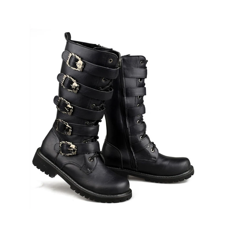 

Men's Leather Motorcycle Boots Mid-Calf Military Combat Boots Gothic Belt Skull Punk Boots Men Shoes Tactical Army Boots Warm46