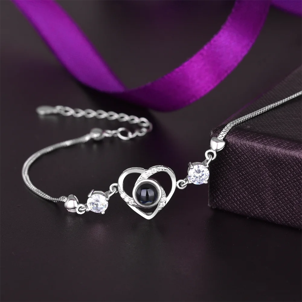 

Love Heart Pendant Projection Chain Bracelets Customized Photo Name Bracelet Anniversary Memorial Present For Lover Couple Charm