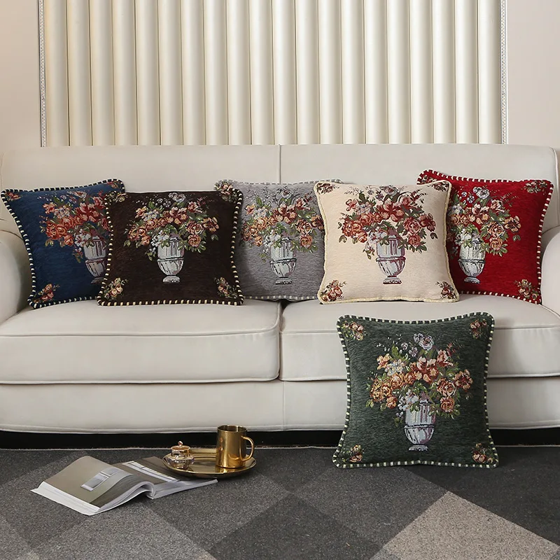 Vases Cushion Cover Car Butterfly Flowers Jacquard Embroidery Covers for Sofas Edging Pilowcase Decorative Cushions for Bed Home