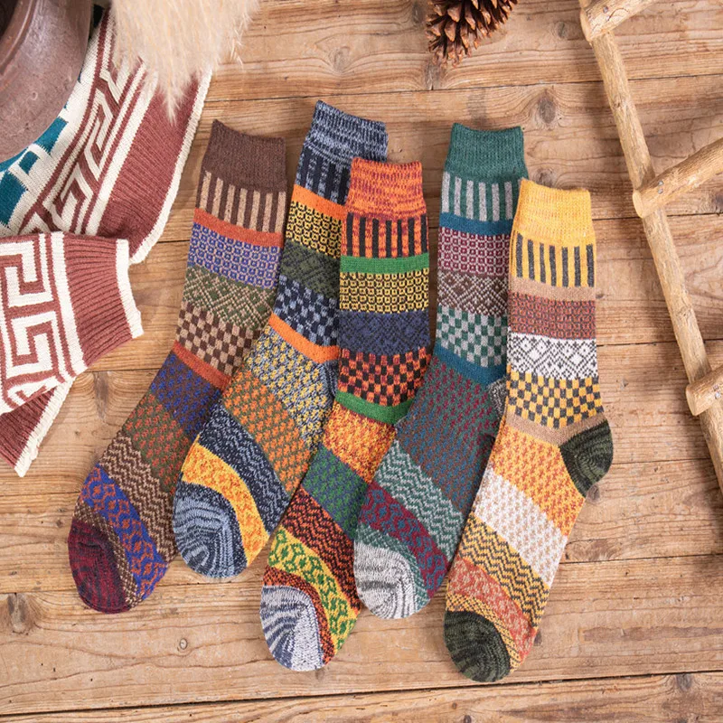 5 Pairs Autumn Winter Nordic Socks Thick Knitted Two-Way Colorful Patten Crew Socks Men Women Retro Colorful Thickened Wool Sock
