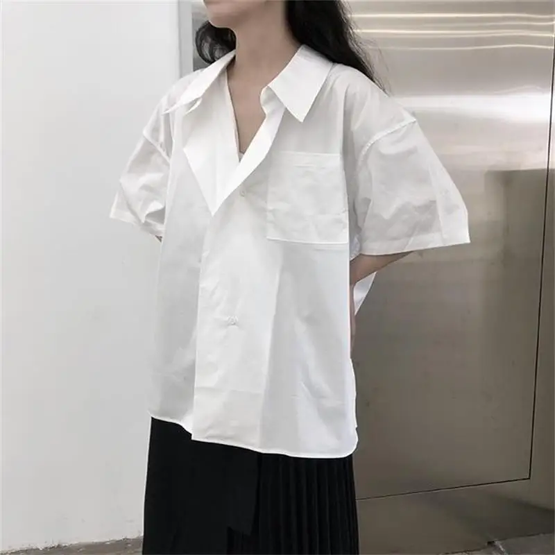 

Large size 2021 black V-neck top summer thin shirt design small women's Short Sleeve Shirt