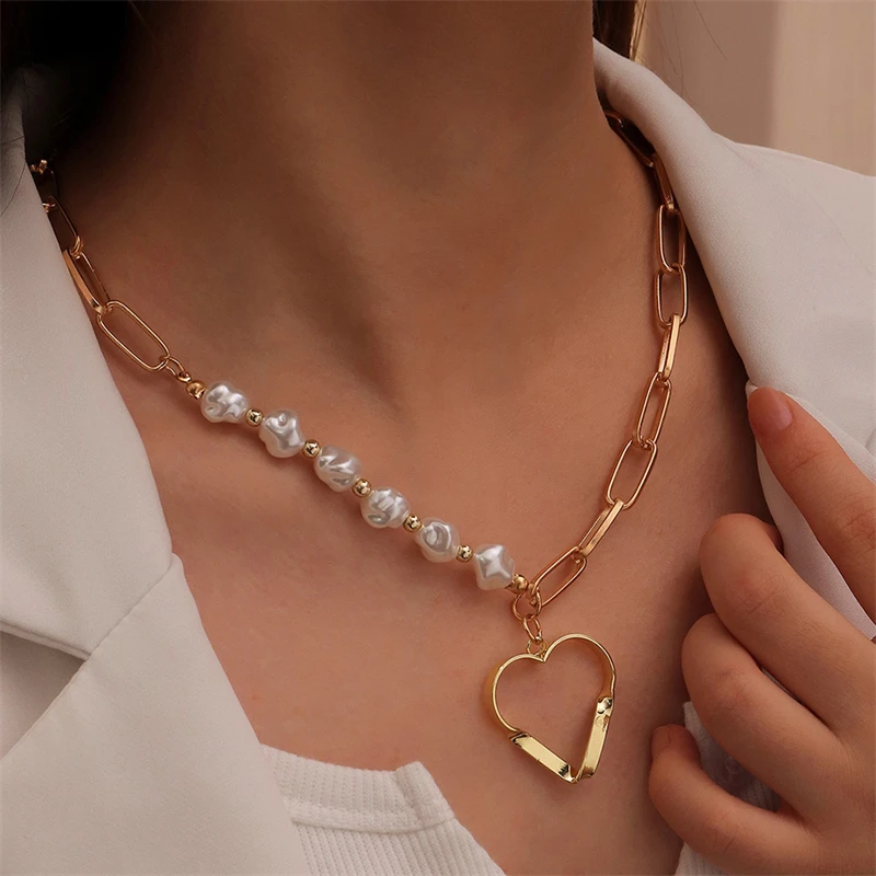

Creative Trend Heart Shape Pendant Personality Simple Geometric Design Imitation Pearl Necklace Women's Jewelry Accessories Gift