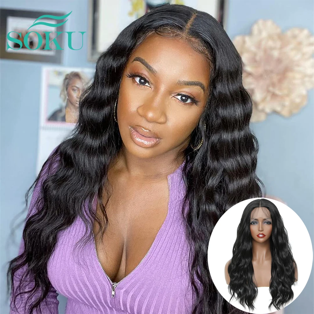 

Natural Wavy Synthetic Lace Front Wig Black Color Wigs With Baby Hair Middle Part Lace Wig For Black Women SOKU Heat Resistant