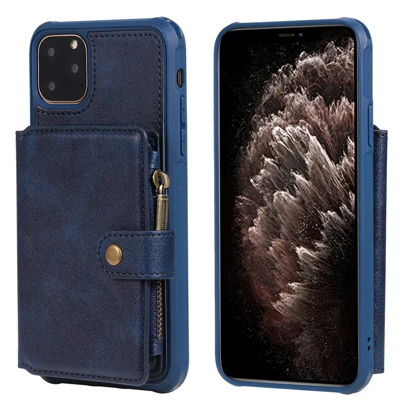 blue Ретро Кожаный Кошелек на молнии чехол для телефона для iPhone 11 11Pro MAX XS MAX XR 6 6splus 7 7Plu 8 8Plus держатель для телефона с подставкой задняя крышка - Цвет: blue