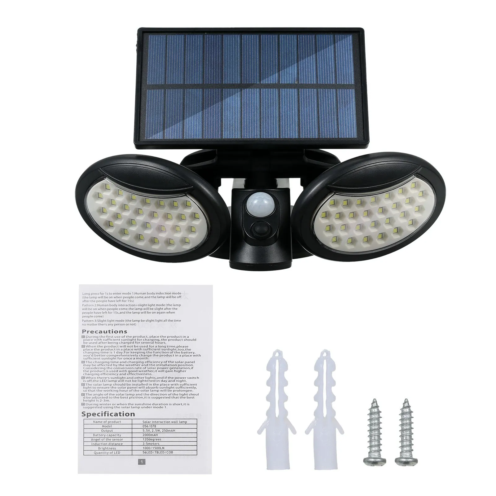 

Solar Powered Wall Light PIR Motion Sensor 3 Lighting Modes Foldable 2 Heads Flood Lamp 360 Wide Lighting Angle IP65