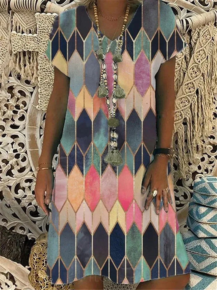 

Short Sleeved V Neck Printed Loose Dress Women's Fashion Casual Vintage Spring Autumn All-match Plus Size Beach Dresses Vestidos