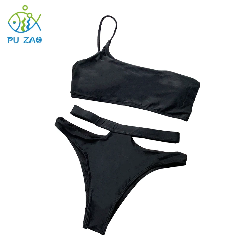 

One Shoulder Strap Sexy Bikini Set Solid-color Hollow Out Swimwear High Waist Backless Printing Beachwear Women's Swimsuit