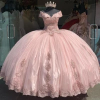 off the shoulder puffy pink quinceanera dresses lace applqiue sweet 16 prom gowns lace vestidos de 15 a%c3%b1os xv dress