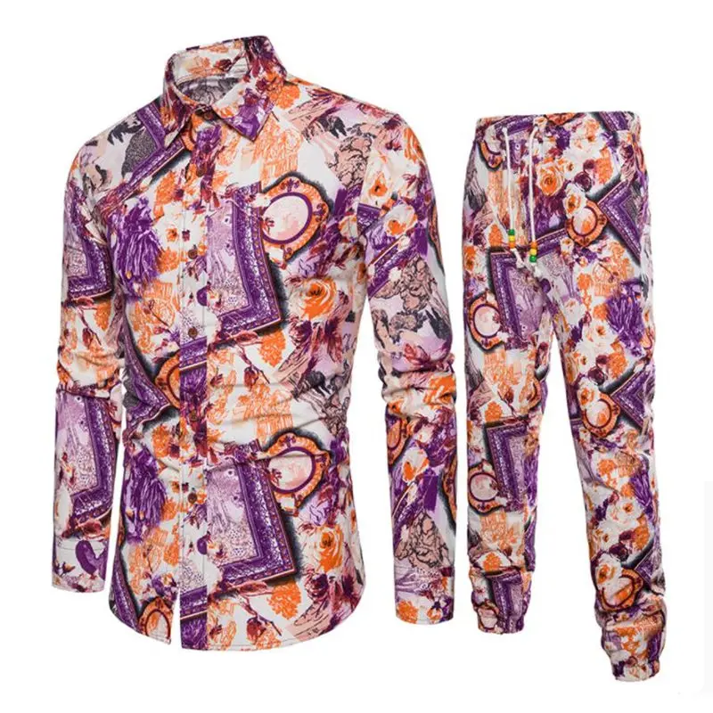 

2020 Fashion New Men's Casual Boutique Flower Shirt Set / Male Beach Holiday Long Sleeve Solid Color Blouses Trousers