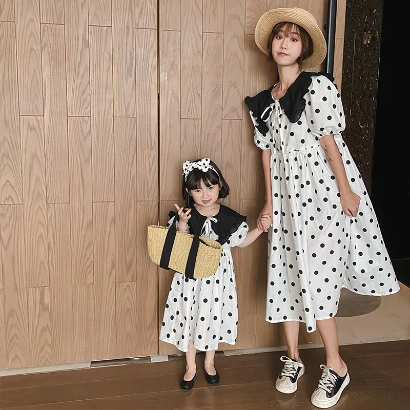 

Mother Daughter Dresses Summer Short Sleeve Loose Long Polka Dot Dress Women Girls Family Matching Outfits Korean Girl One-Piece