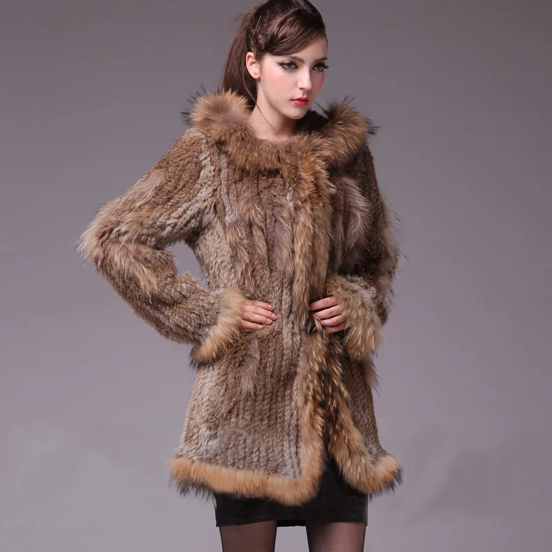 Office Lady Khaki Middle Length Jackets Women Winter Warm Real Fur Coats Knitted Raccoon Dog Fur Rabbit Hooded Luxury Overcoats