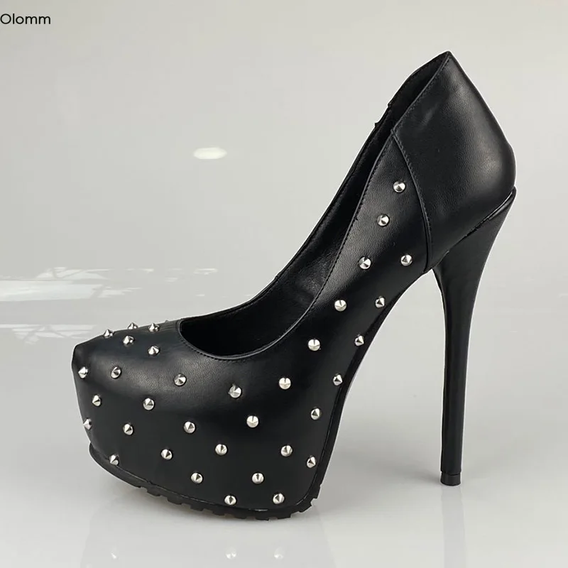 Olomm 2020 Women Platform Pumps Super Sexy Studded Stiletto High Heel Pointed Toe Black Night Club Shoes Women Plus US Size 5-20