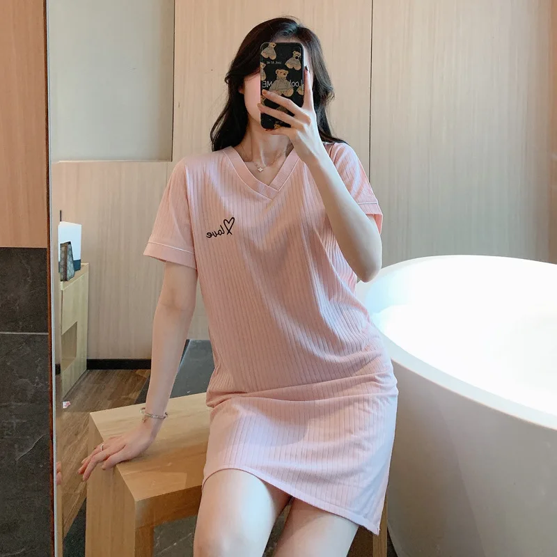 

2021 Summer Women's V-neck Short Sleeve Nightdress Cotton Sweet Thin Solid Color Letter Pajamas Pullover Home Clothes Sleepwear