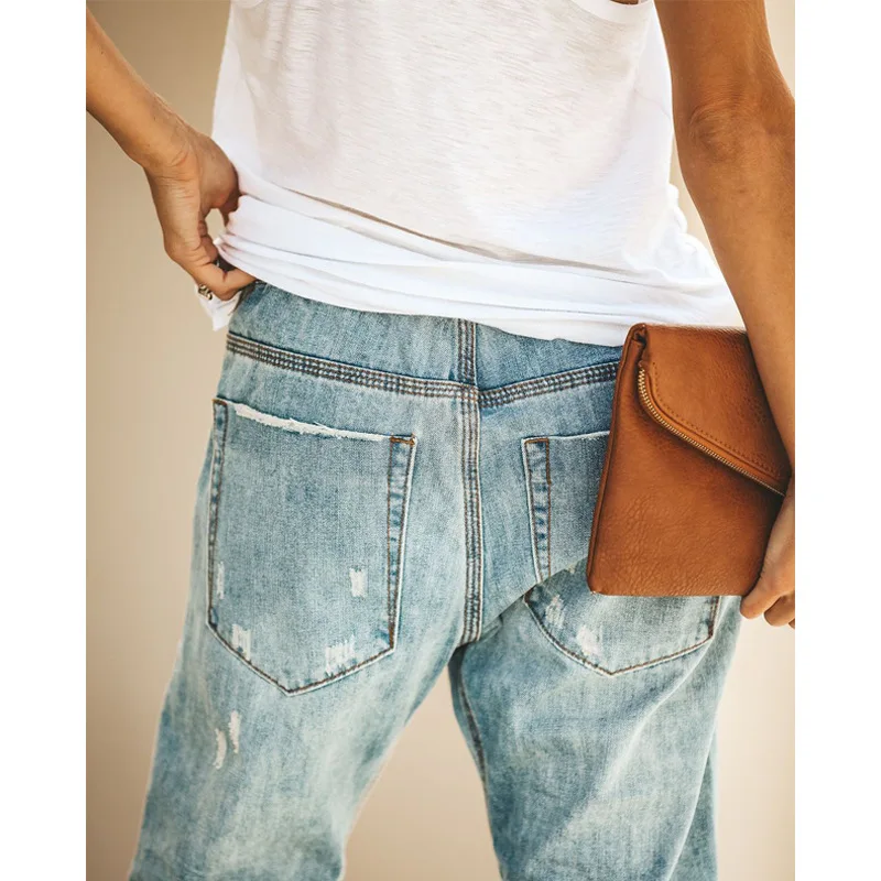 

Korean Style Straight Destroyed Hole Jeans for Women 4 Color High Waist Ripped Jeans Fashion Streetwear Denim Ankle-Length Pants