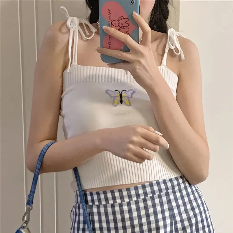 

Sleep Tops Knitted Camisole Pajamas for Girls Women Cute Pyjamas Femme Spring Summer Pijamas Butterfly Embroidery Nightwear 2021
