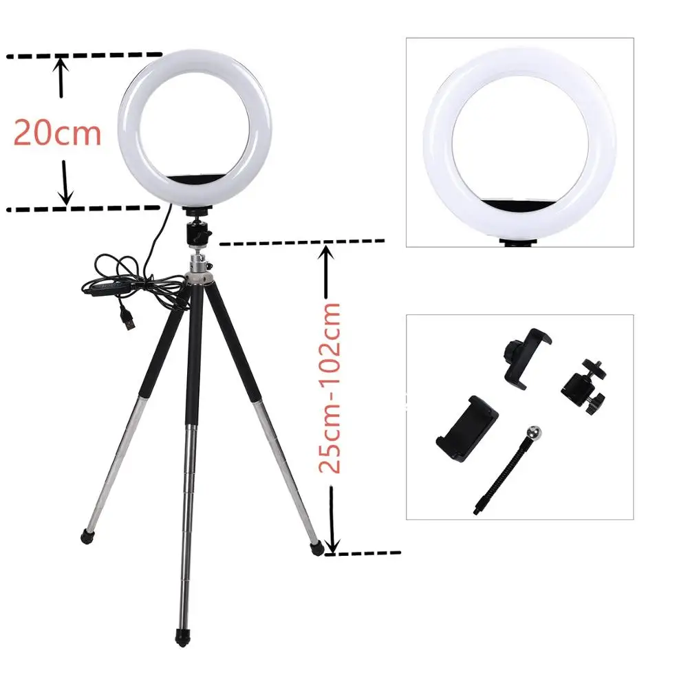 20cm lamp and tripod Диммируемая светодиодная студийная кольцевая лампа для камеры Фото-телефон видео Лампа с штативами селфи-палка кольцо заполняющий свет для Canon Nikon - Цвет: 20cm lamp and tripod