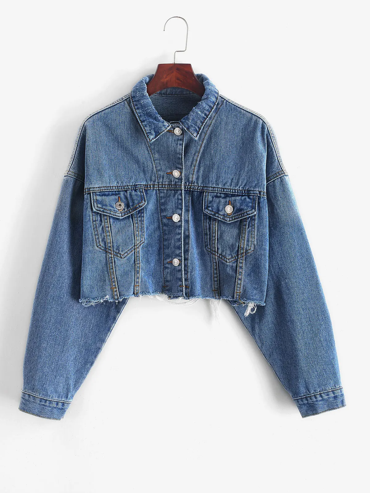 ZAFUL новинка осенняя джинсовая куртка с длинным рукавом заниженным плечом рваная