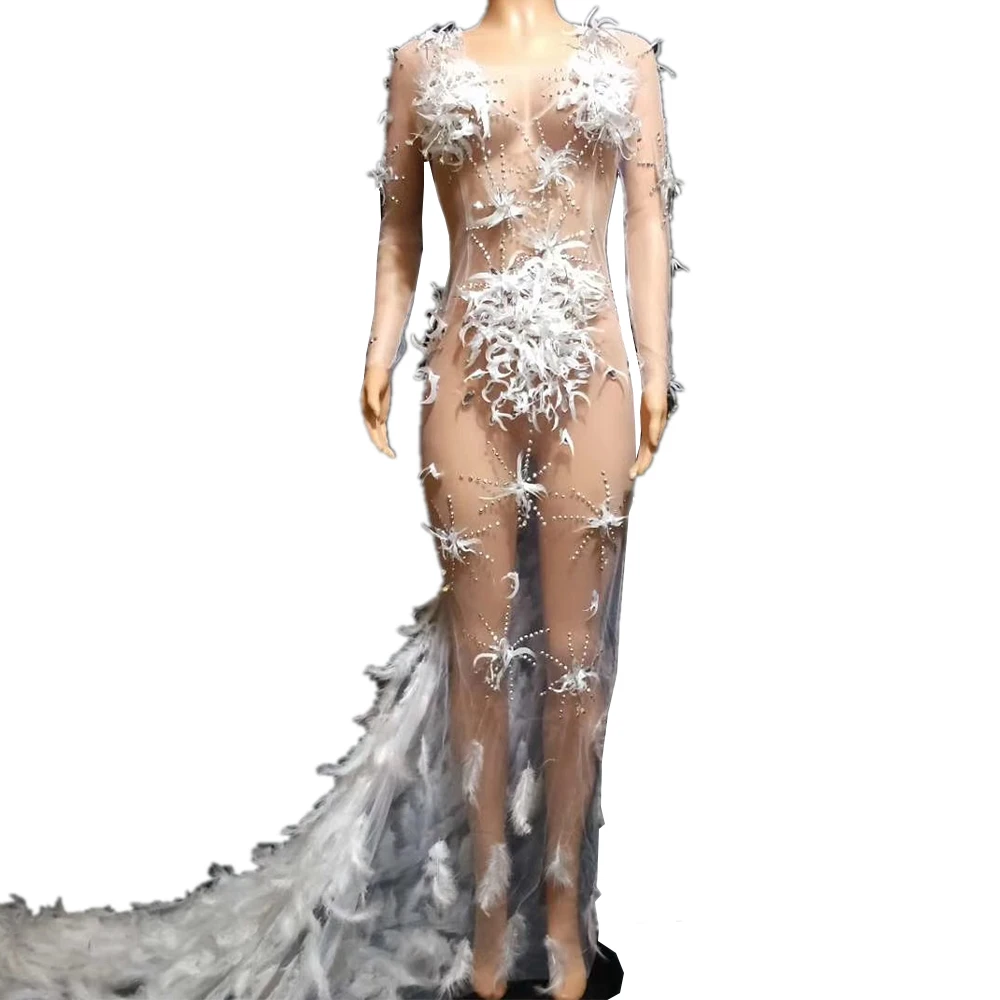 

Shining Diamonds Long Tailing Women Dresses Net Yarn Perspective Stage Costume Prom Birthday Celebrate Outfit Stage Show Dress