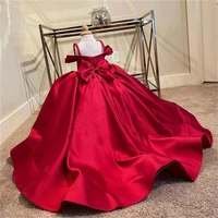 with long train first holy communion pageant party gown with big bows red stain spaghetti straps flower girls dress for wedding