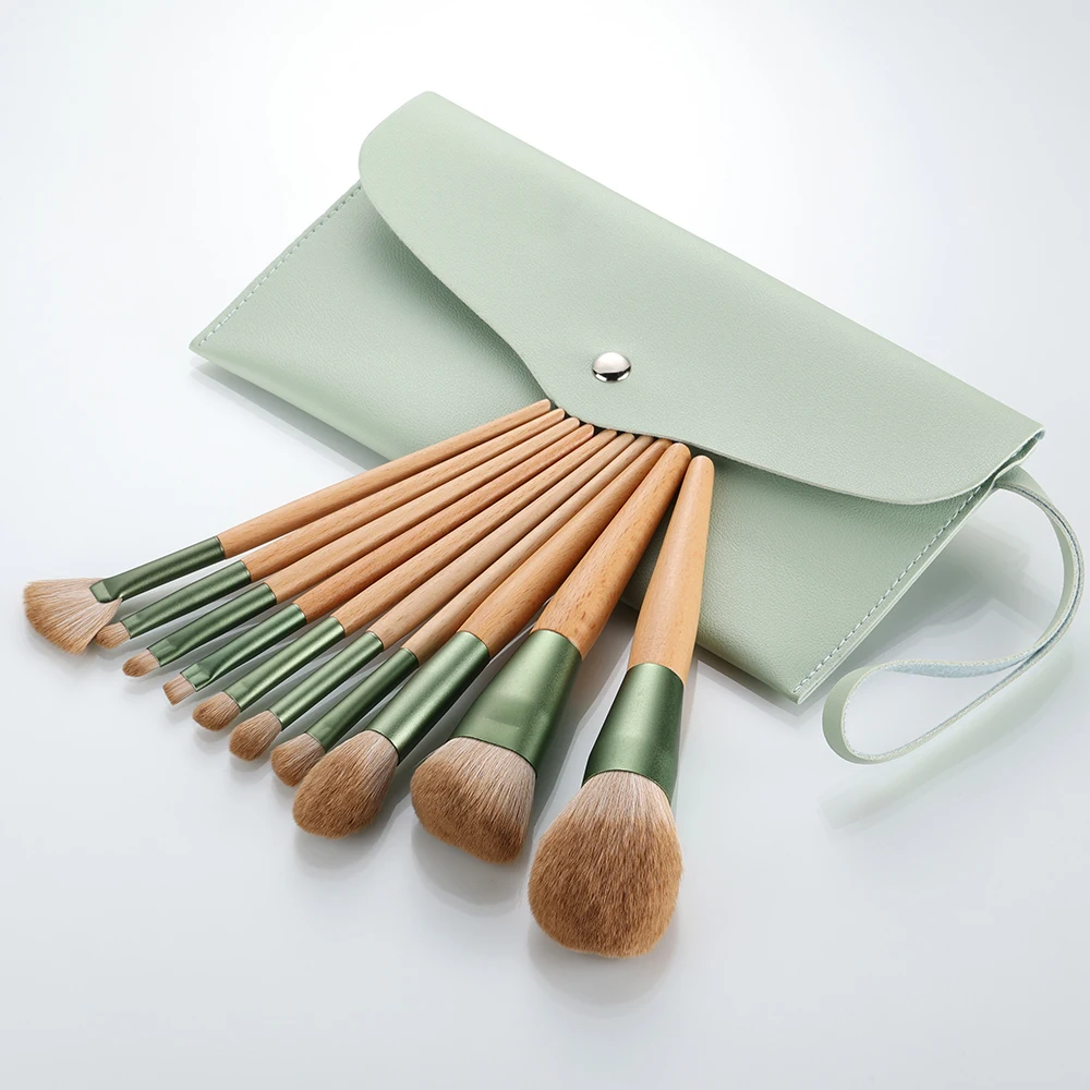 

FLD 10Pcs Wood Cheongna Pro Makeup Brushes Set Bag Facial Foundation Powder Eye Shadow Line Blush Beauty Make Up Tool maquillaje