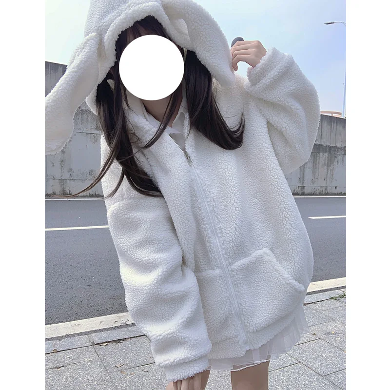 Japanese Sweet Loli Girly Winter Coat Kawaii Rabbit Ear Hooded Cute Lambswool Full Sleeve Zipper Keep Outerweat Y2k Women Jacket