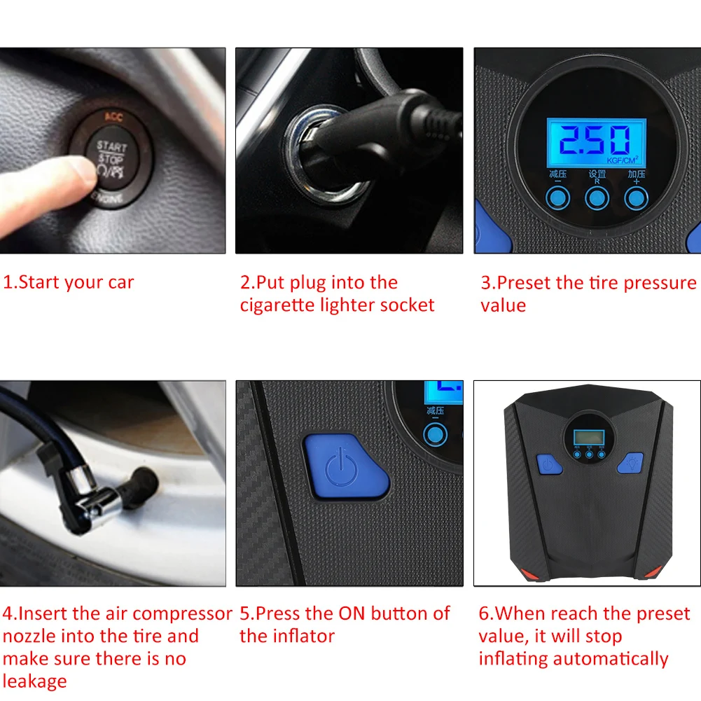 

Brand New 12V Portable Tire Inflator Digital Air Compressor Pump 150PSI Tire Repair Tools And Valves Can Preset Tire Pressure