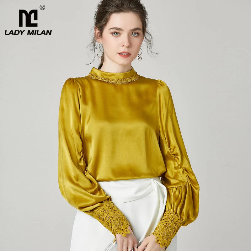 100% чистый шелк Женские Подиумные рубашки с круглым вырезом и длинными рукавами