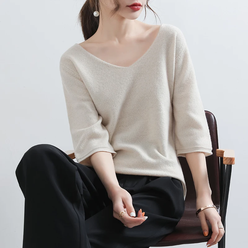 

100% Wool Knitted Sweater Women Summer Solid Sexy V-Neck Half Sleeve Pullover Female Elegant Fashion Luxury Chic Ladies Tops Tee