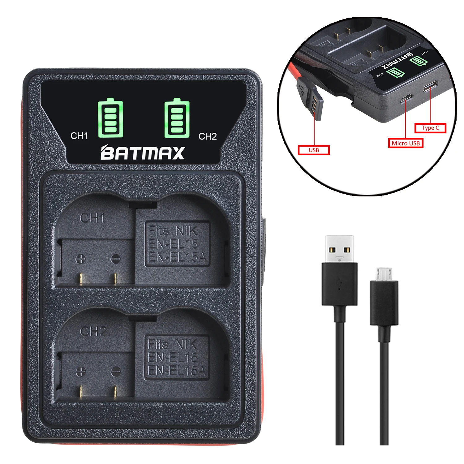 2280mAh EN-EL15C EL15C EN EL15 Battery + LED Dual Charger for Nikon Z5, Z6, Z6 II, Z7, Z7II D780, D850, D7500, D500, D600