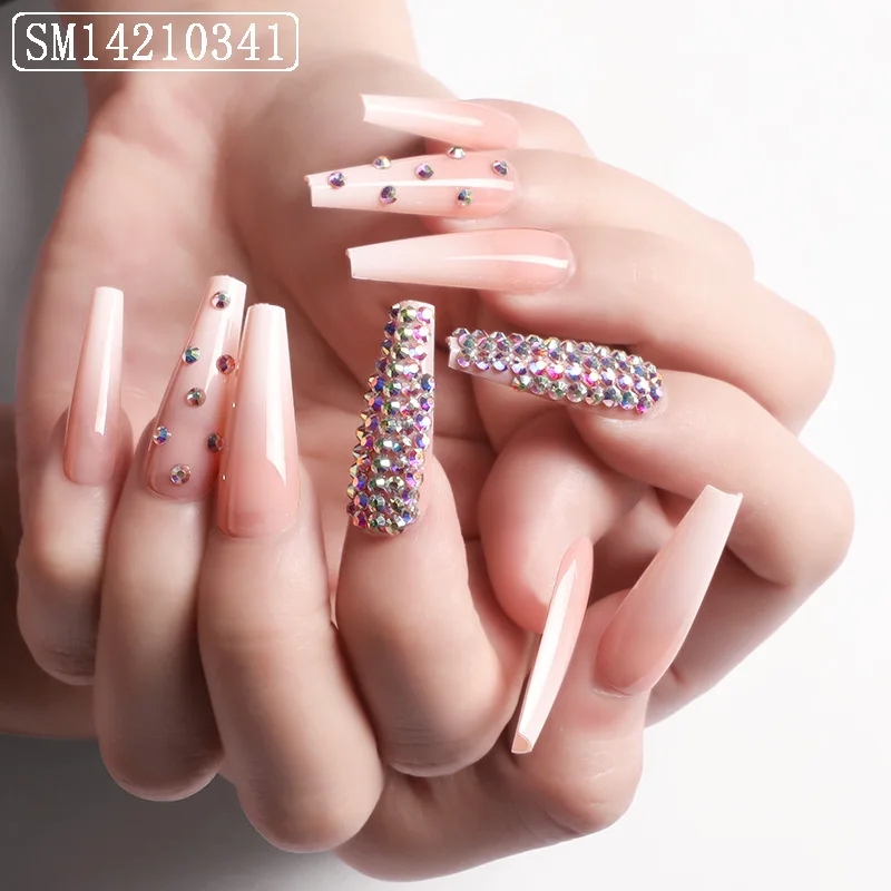 

24pcs Nails Patch Glue Type Long Paragraph Fashion 3D colored diamond wear armor piece of ballet armor False nails nail art