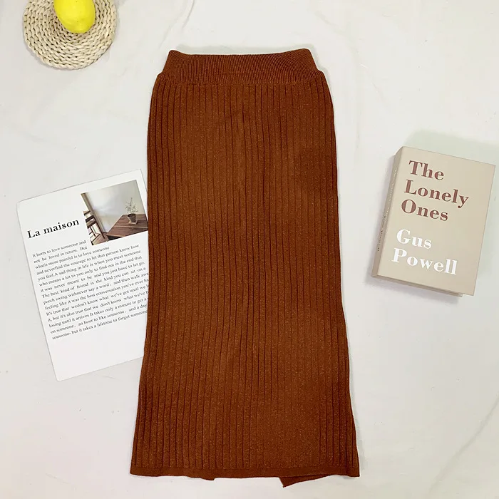 brown TMWEVN тонкая трикотажная юбка с высокой талией Faldas Mujer Moda Зимняя юбка - Цвет: brown