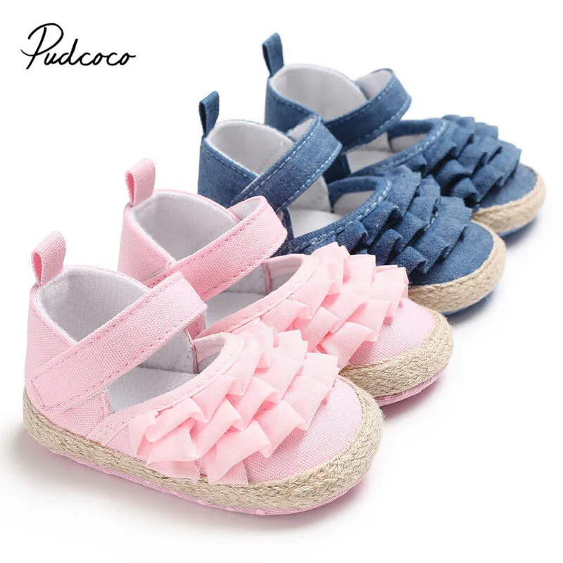 

Детская обувь Pudcoco для новорожденных девочек, летняя детская обувь с мягкой подошвой, противоскользящая однотонная обувь с оборками для нач...