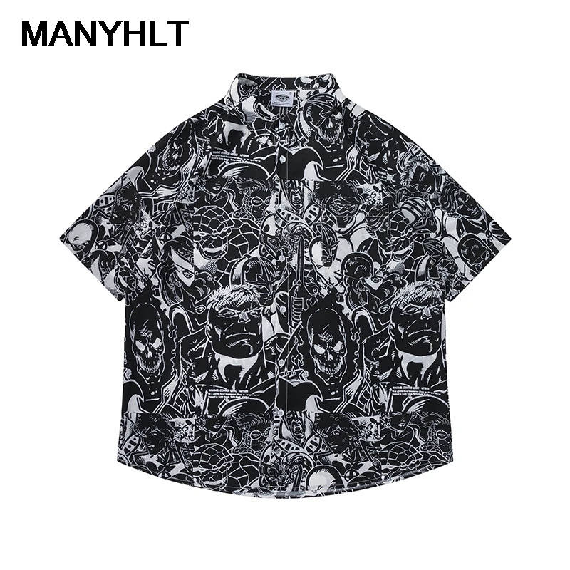 

Summer Men's 2021 New High Street Cartoon Print Summer Loose Short-sleeved Shirt Polyester Fiber HIP HOP Short Shirt for Man