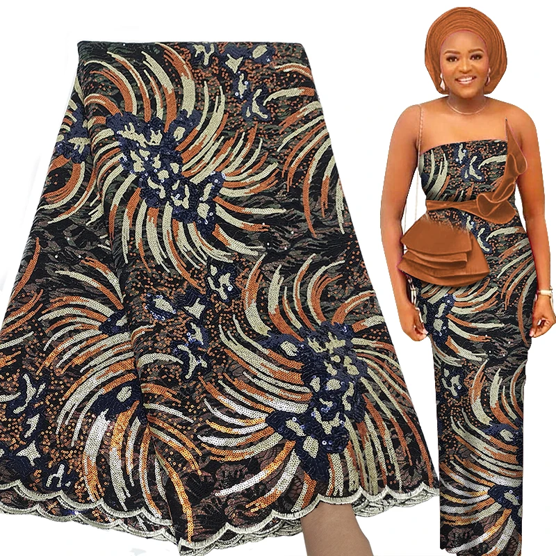 Высококачественная вышивка блестками африканская Кружевная Ткань 5 ярдов 2021