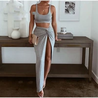 sexy party 2 piece set women plus size crop top twist side split long skirts matching sets club two piece outfits 2021