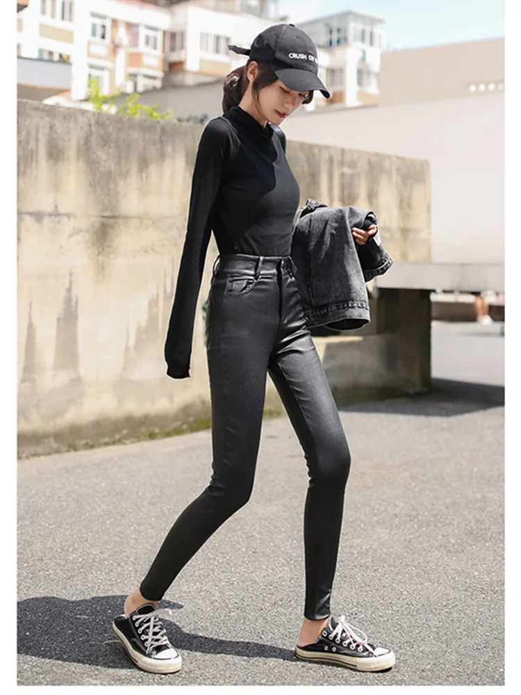 Женские кожаные брюки JUJULAND узкие эластичные карандаш из искусственной кожи с