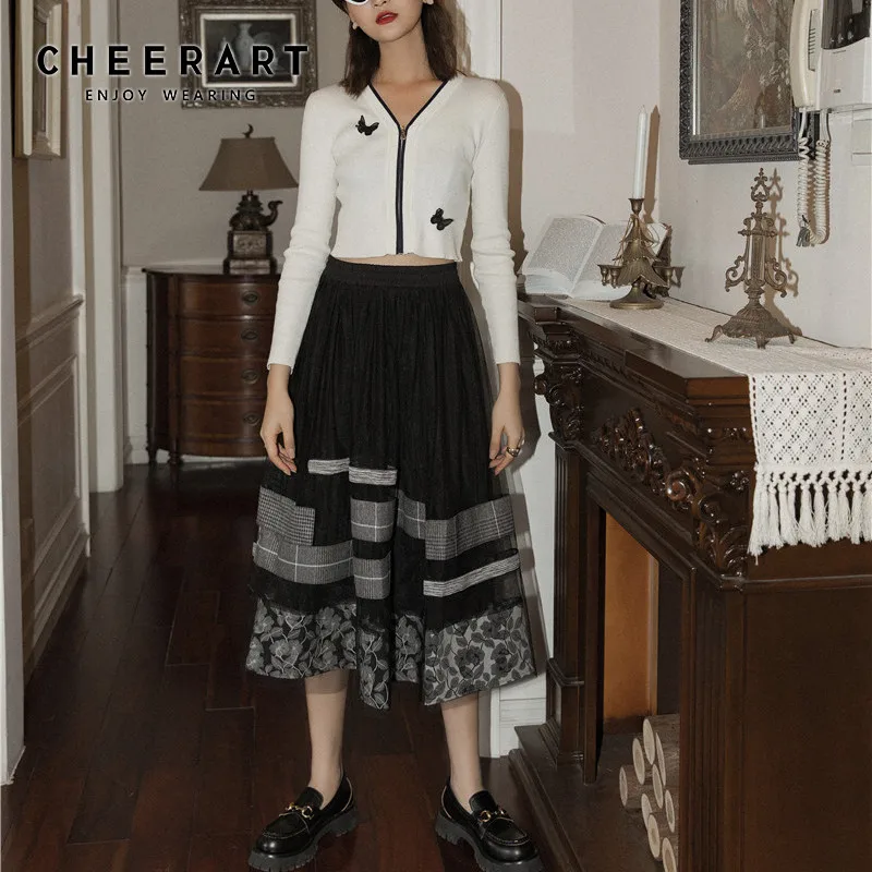Жаккардовая сетчатая Юбка-миди CHEERART Женская Лоскутная трапециевидная Свободная