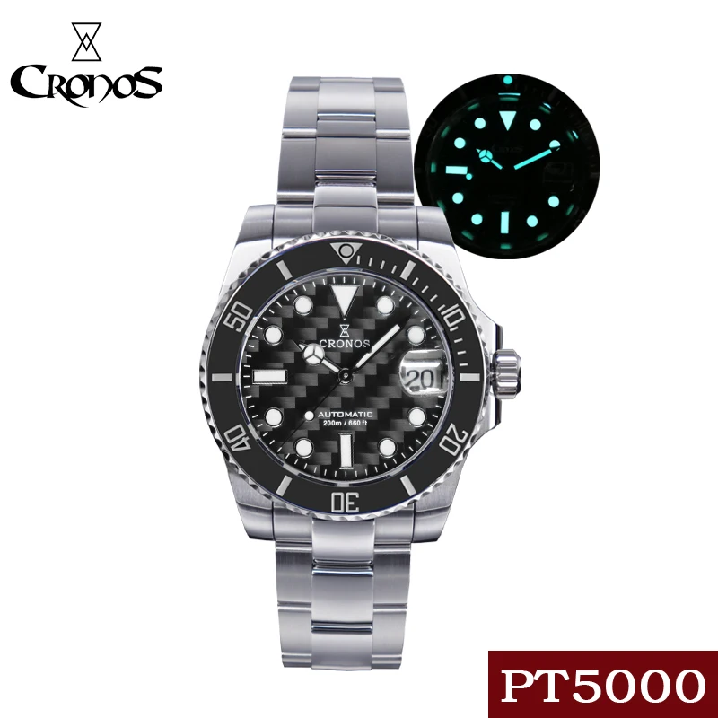 

Cronos Men's Diver Watch Carbon Fiber Dial Brushed Stainless Bracelet Sapphire SW200 Automatic Movement 200m Water Resistance
